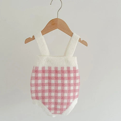 3-Piece Pink Gingham Baby Knit Set – Cardigan, Romper & Peter Pan Collar Top
