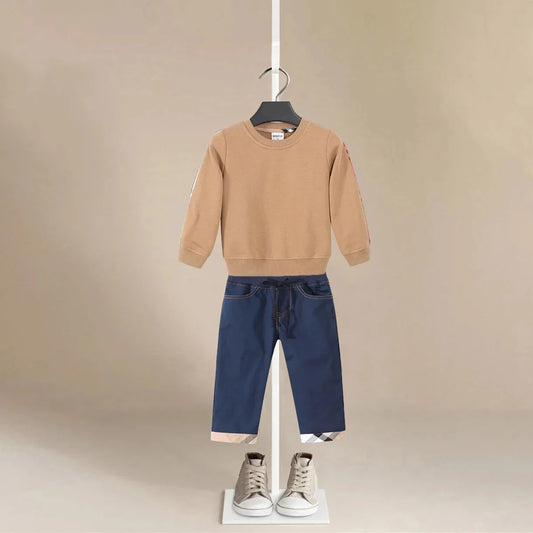Boys Sweatshirt and Jeans Set with British Plaid Trimming - Peachy Bloomers