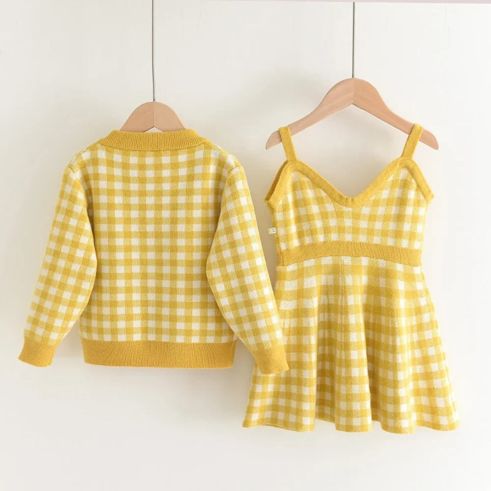 Girls 2-Piece Checkered Cardigan and Dress Set