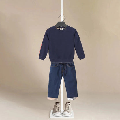 Boys Sweatshirt and Jeans Set with British Plaid Trimming - Peachy Bloomers