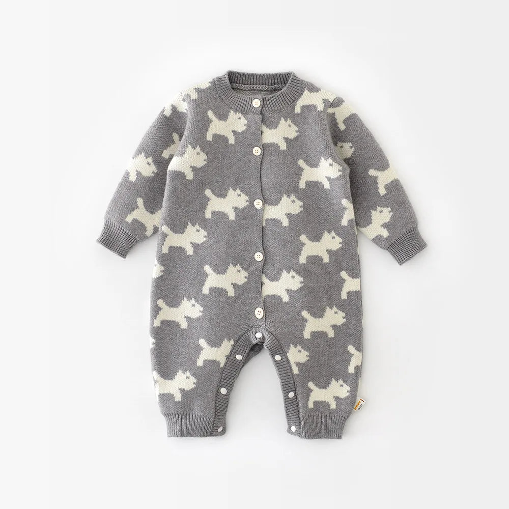 Gray baby romper with white dog pattern 
