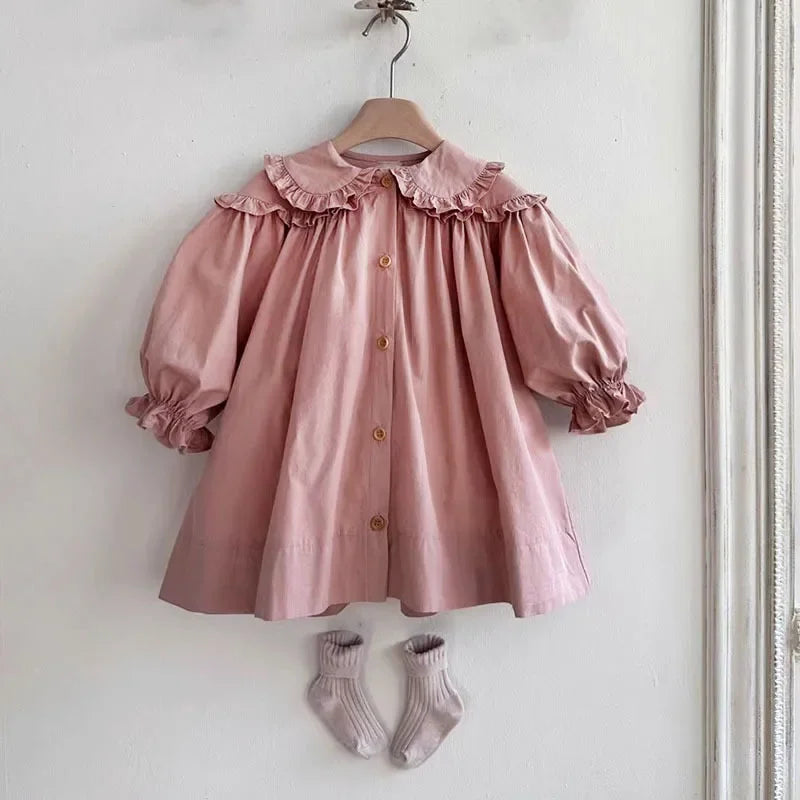 Girls Vintage Ruffle Collar Cotton Dress