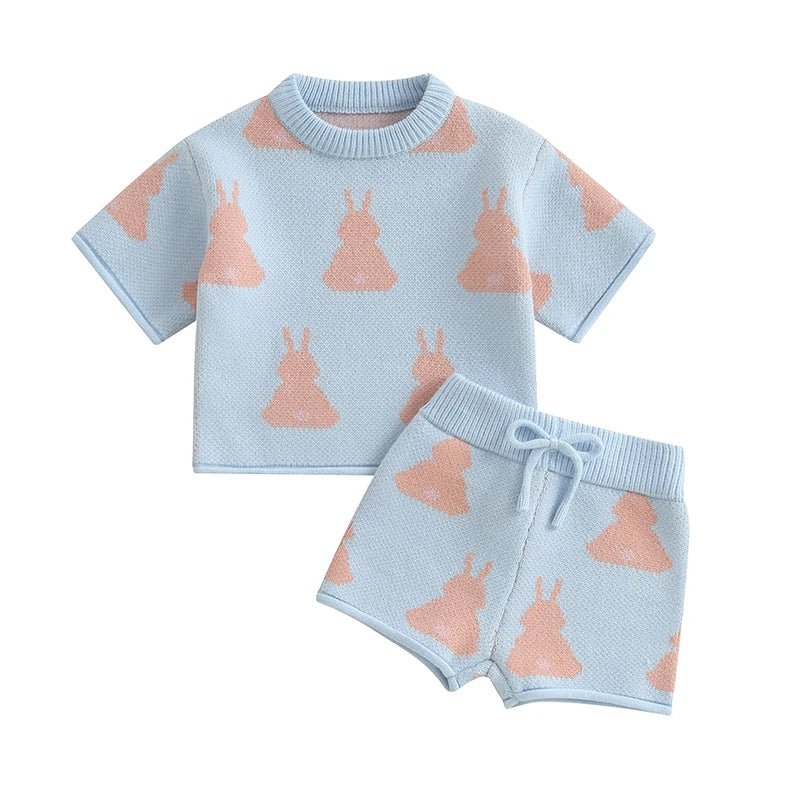 Bunny Print Knit Top & Shorts Set