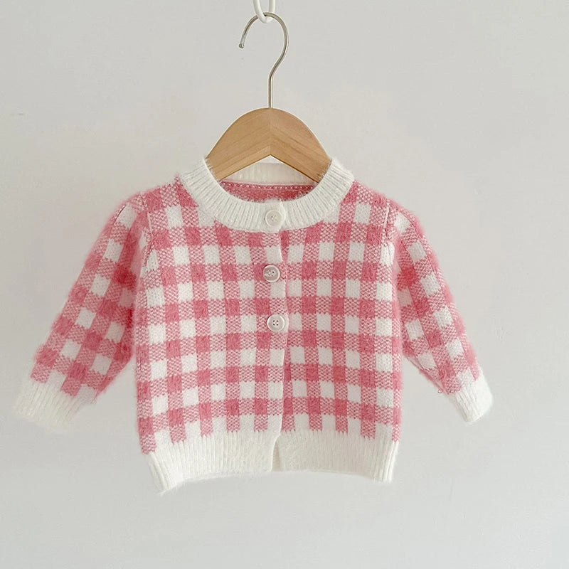 3-Piece Pink Gingham Baby Knit Set – Cardigan, Romper & Peter Pan Collar Top