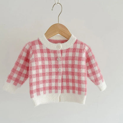3-Piece Pink Gingham Baby Knit Set – Cardigan, Romper & Peter Pan Collar Top