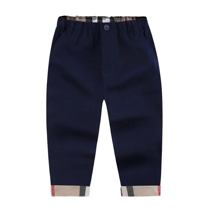 Boys Cotton Casual Pants with Plaid Cuffs
