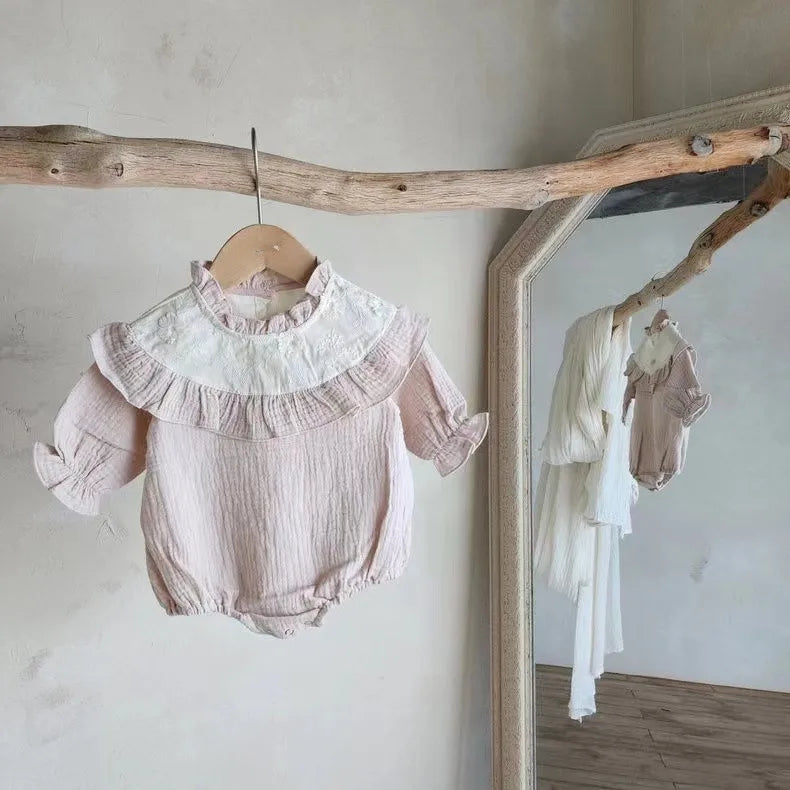 Floral Embroidery Ruffle Collar Onesie - Peachy Bloomers