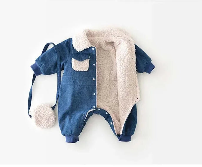 Cold Weather Denim Baby Lamb Wool Jumpsuit