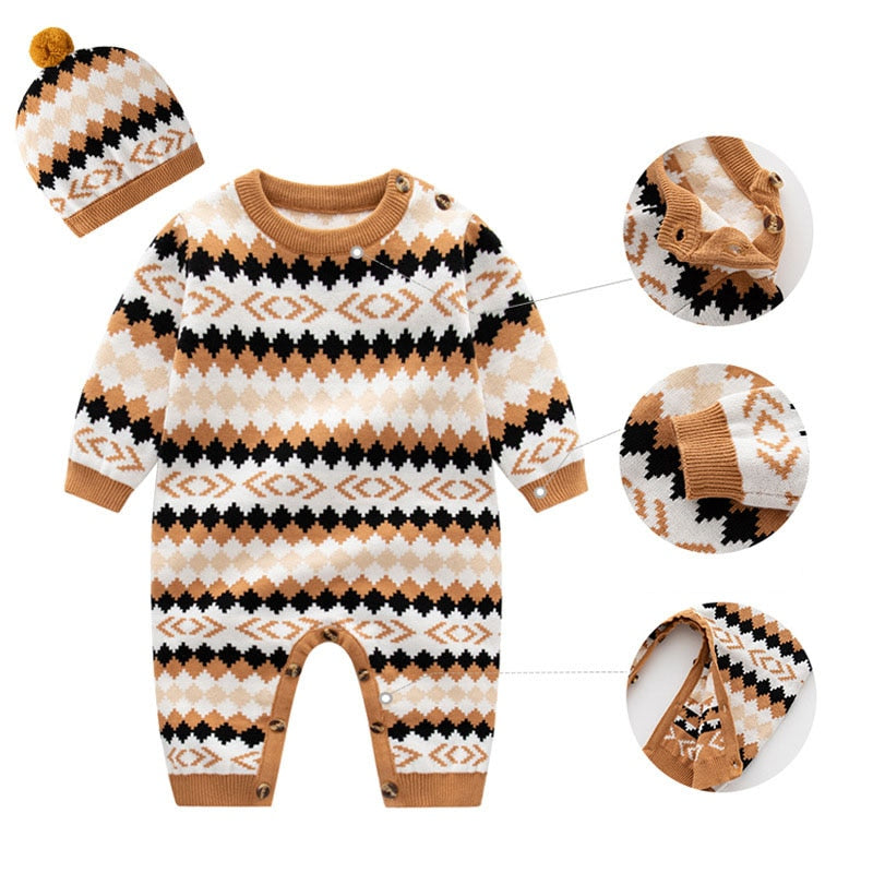 Geo Cotton Knit Romper and Beanie - Peachy Bloomers