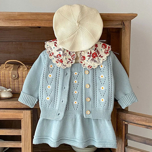 Daisy Blue Knit Cardigan and Dress Set