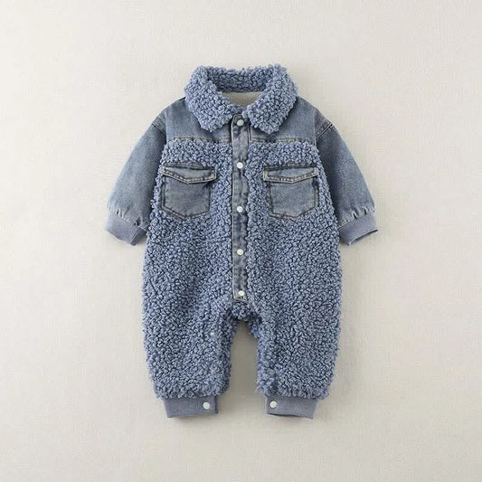 Baby Blue Denim Fleece Romper - Peachy Bloomers