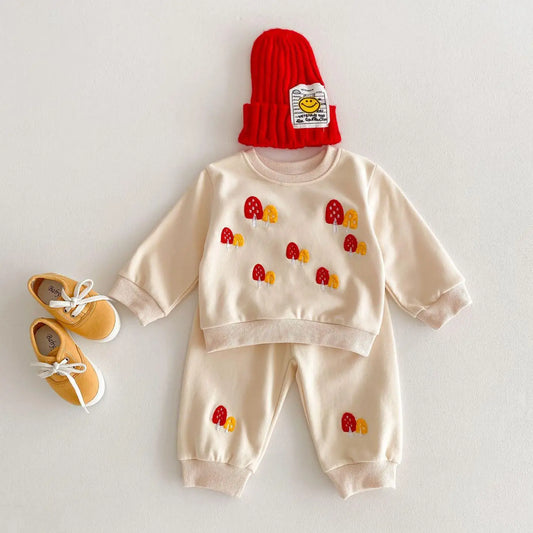 Mushroom Embroidery Sweatshirt and Sweatpants Set